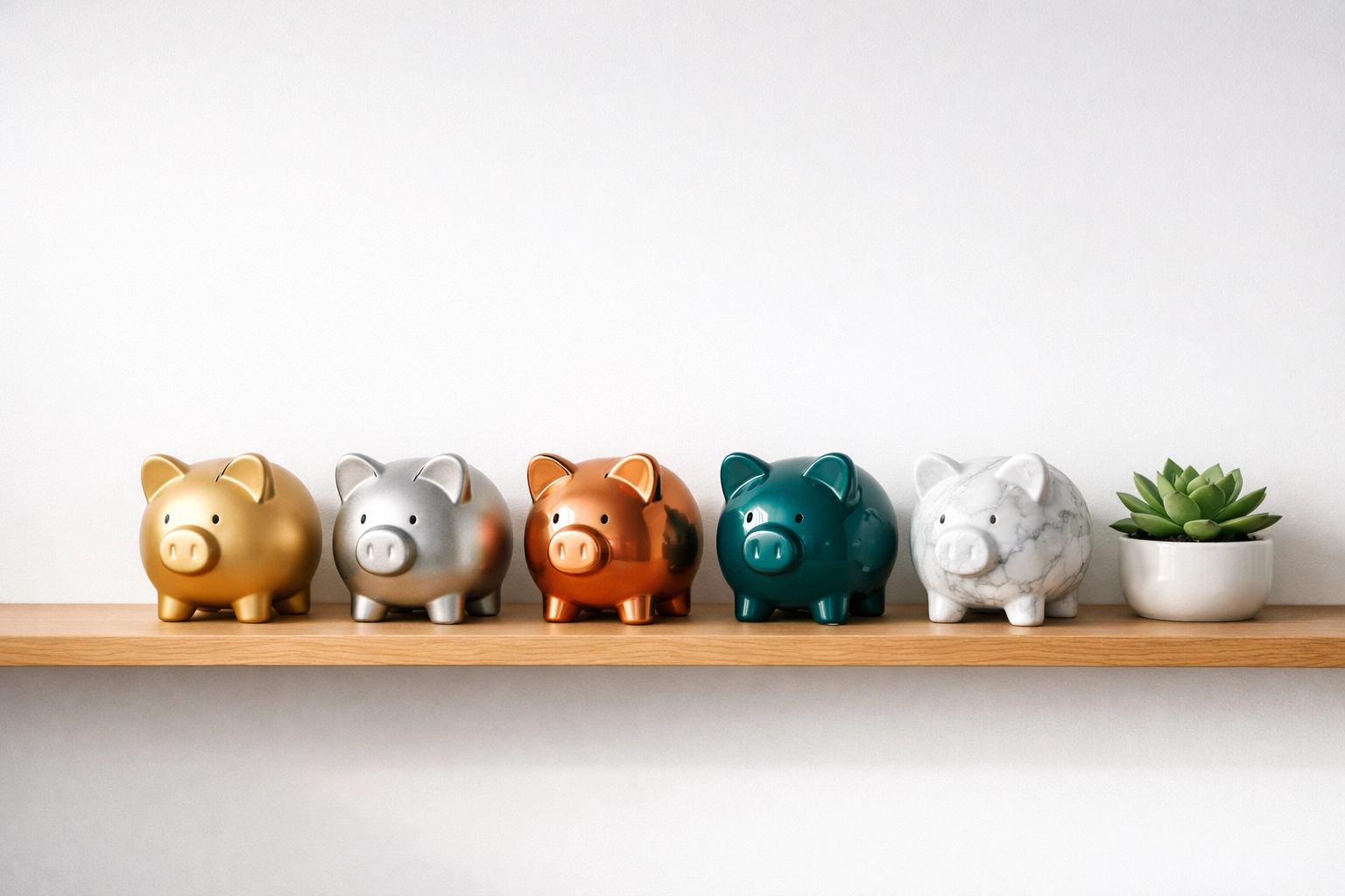 Five stylish piggy banks on a shelf illustrating a diversified dividend growth portfolio.