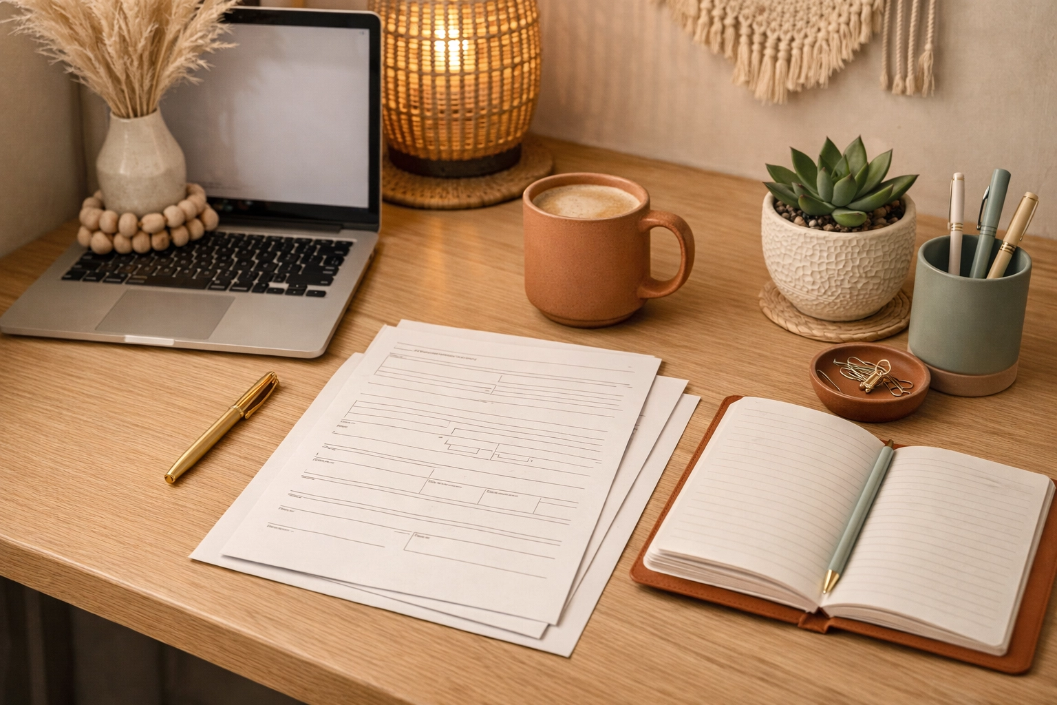 Modern workspace with legal forms and technology for streamlined Fredericksburg divorce proceedings.