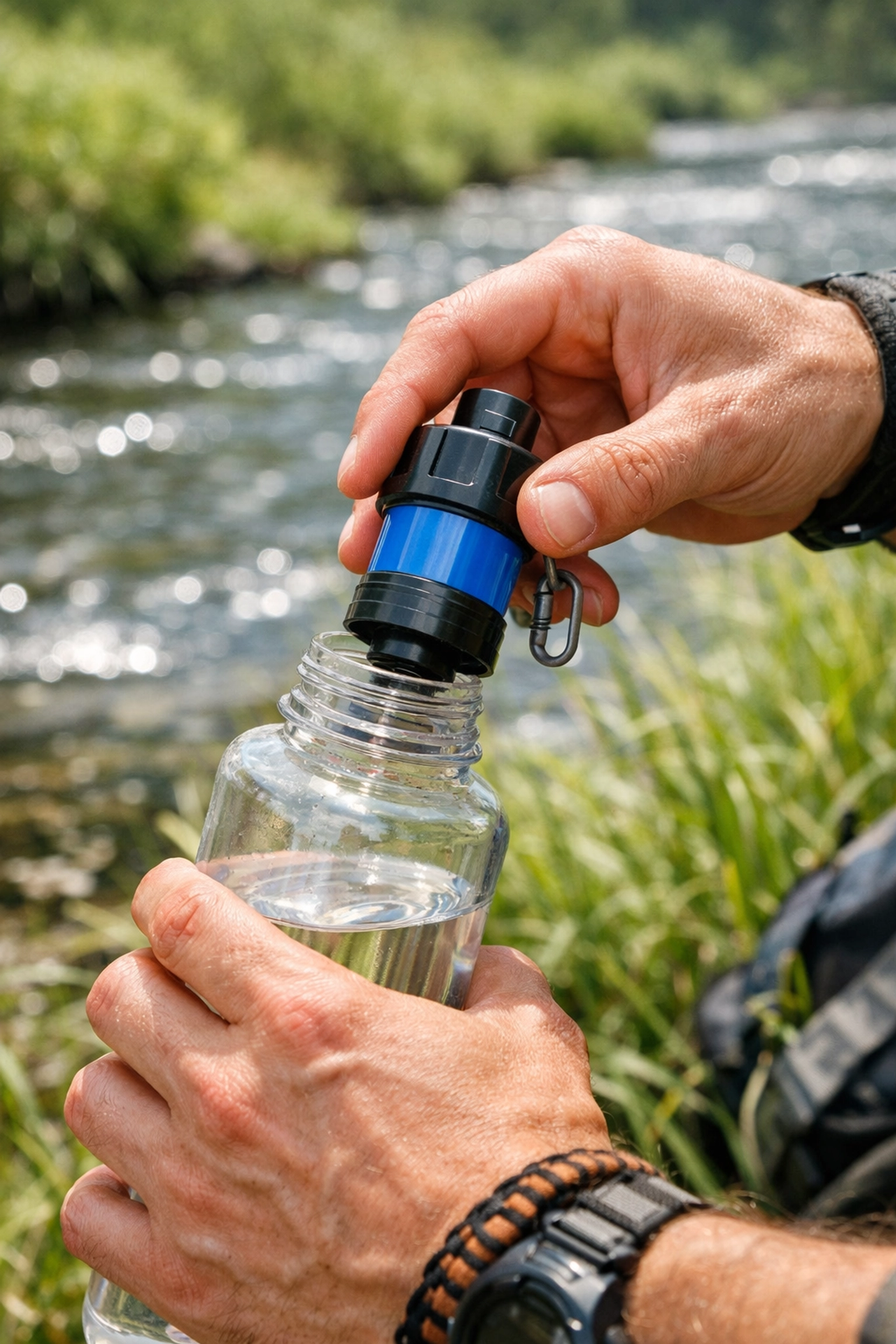 Close-up of a hiker attaching a filter to a bottle for safe water on a wild camping trip.