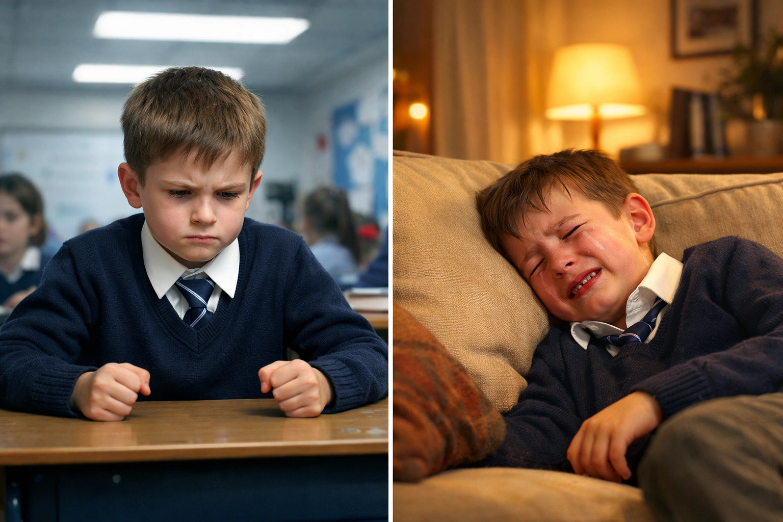 Child holding tension at school versus releasing emotions during after-school meltdown at home