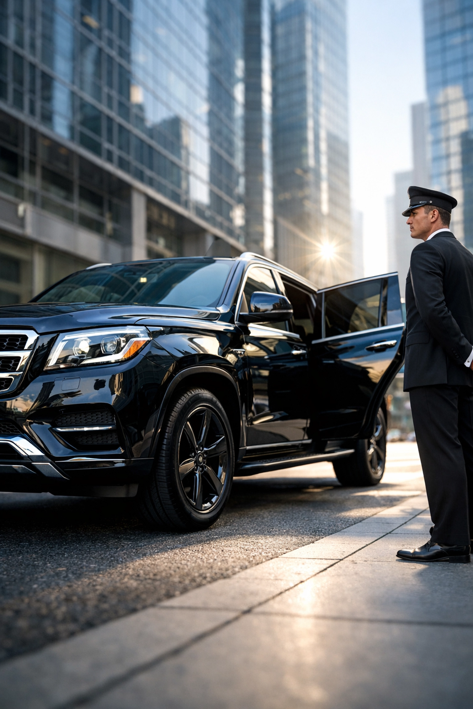 Professional chauffeur by a black luxury SUV for Super Bowl executive transportation and brand visibility.
