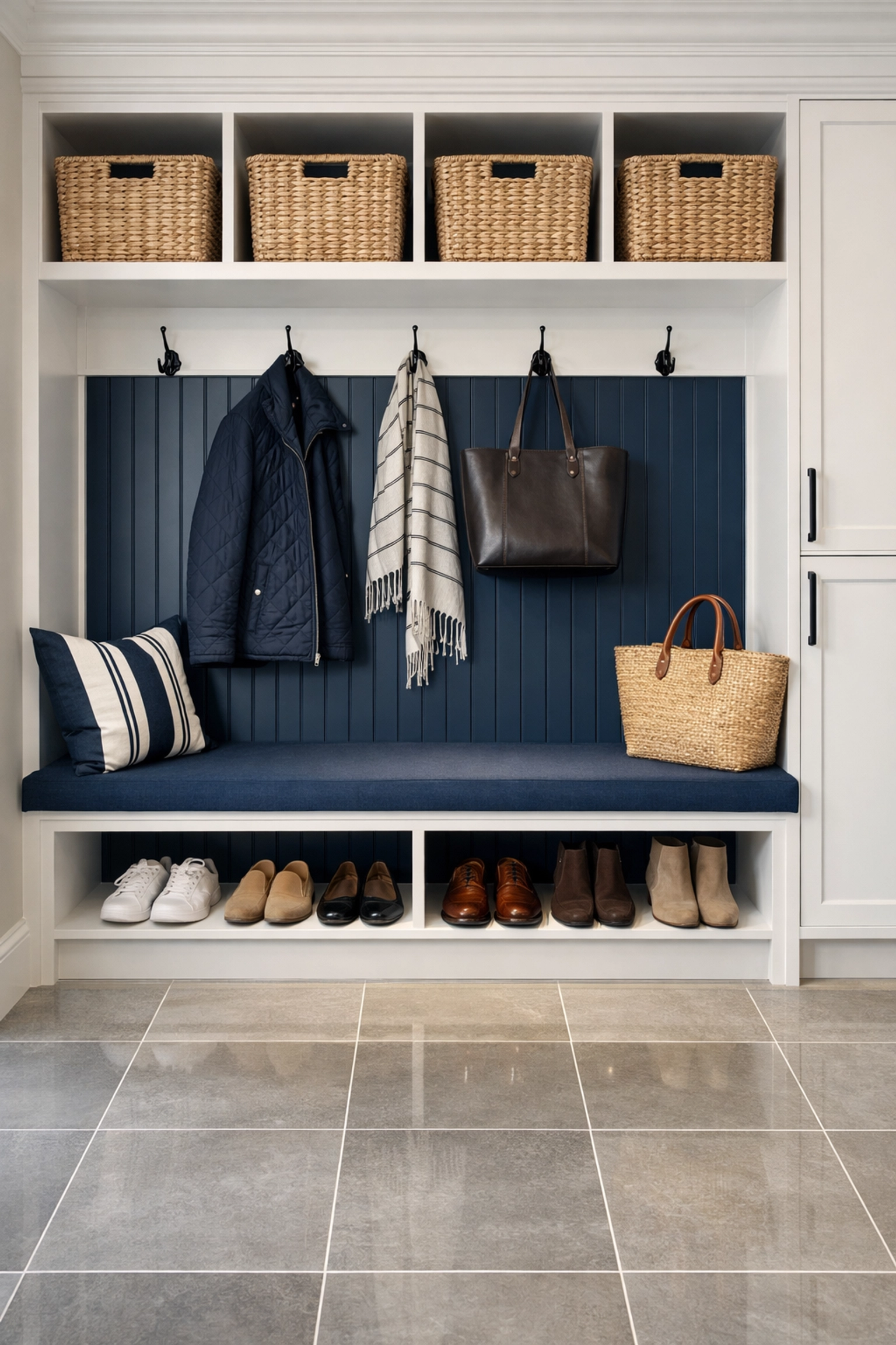 Organized mudroom with white cabinetry and neat storage baskets in a Stow, MA residence.