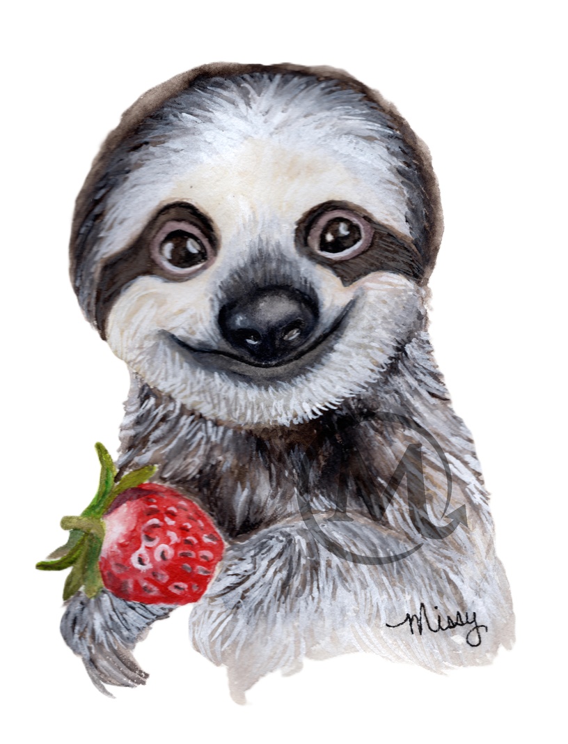 Watercolor Sloth with Strawberry print by Missy
