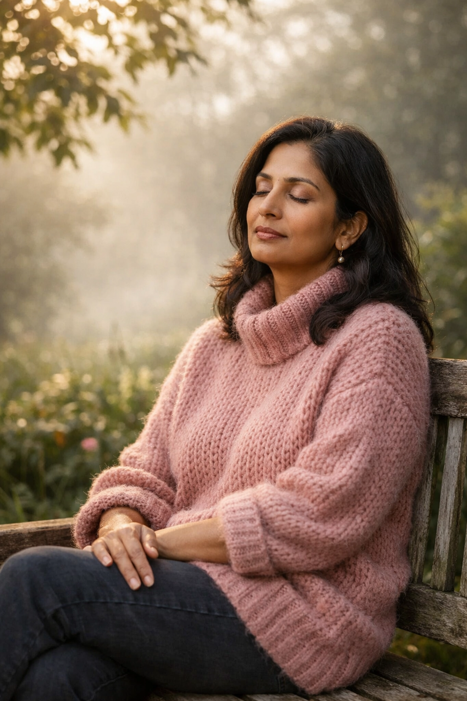 A woman in a garden reflecting grounded presence and energy alignment during a spiritual identity shift.