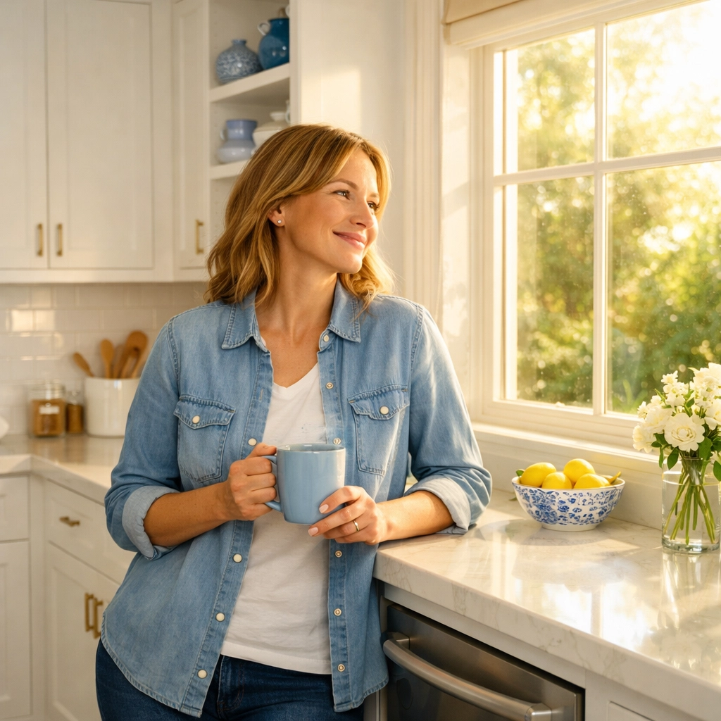 Happy homeowner in a spotless kitchen after a stress-free deep cleaning service in Westford and Littleton.