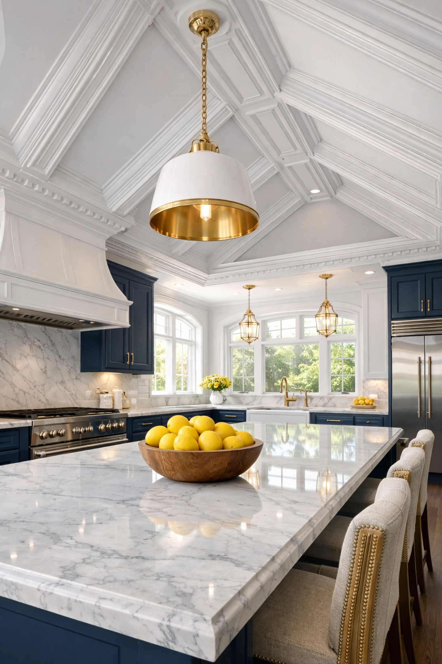 High-end Sudbury kitchen with marble island showcasing Sudbury luxury cleaning secrets for top-down cleaning.