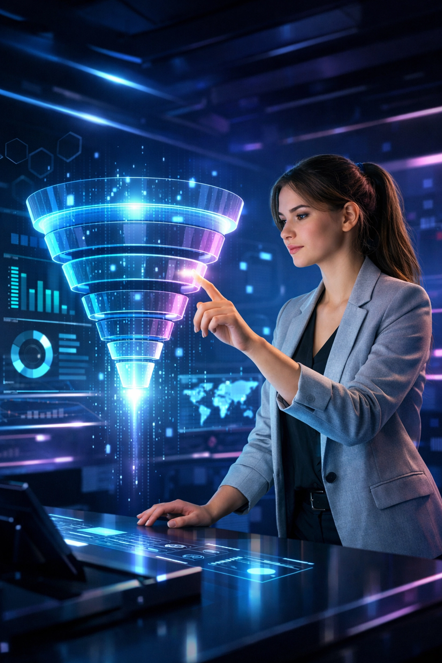 Professional managing a digital talent funnel for high-tech recruitment and workforce development in a futuristic command center.