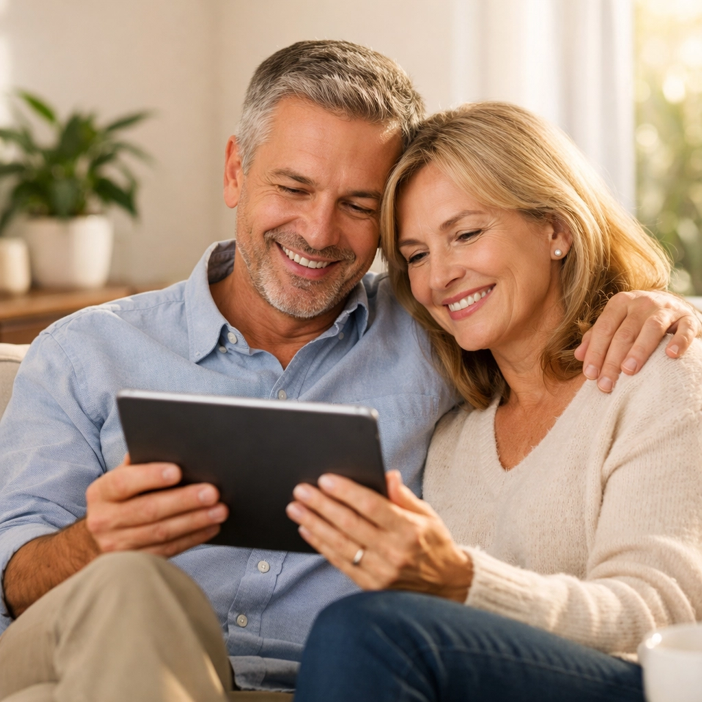 A happy couple experiencing financial peace of mind while reviewing their IUL account growth.