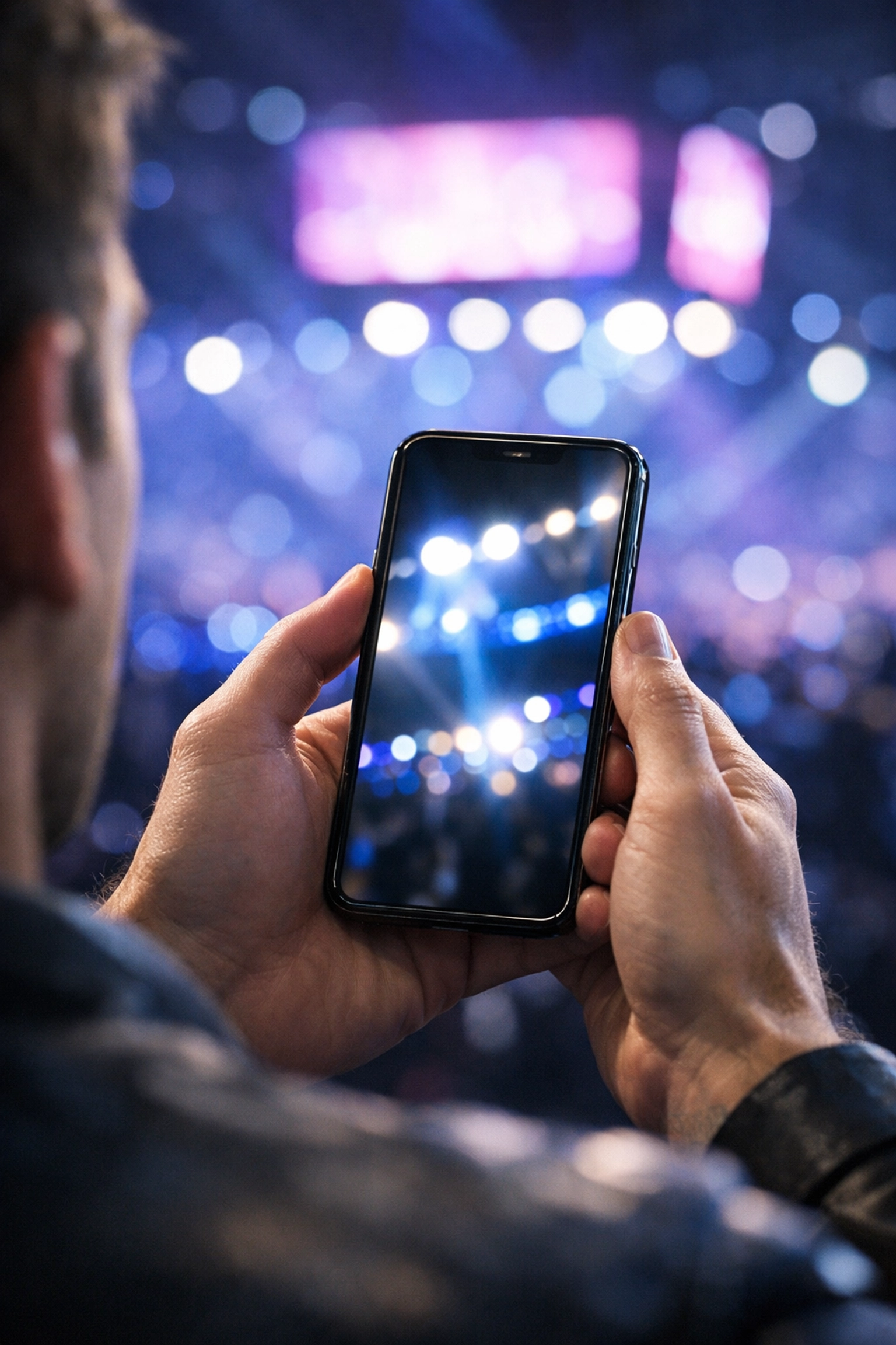 A spectator uses a smartphone at a live event to interact with digital sponsorship activation channels.