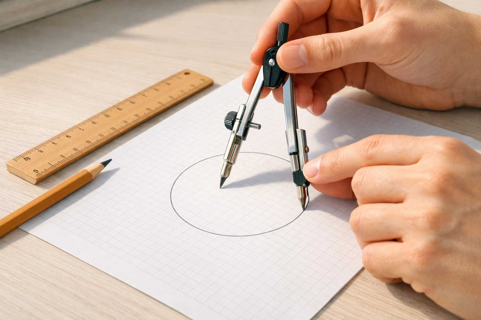 A student using a compass to draw a circle on graph paper while practicing SAT math study skills.