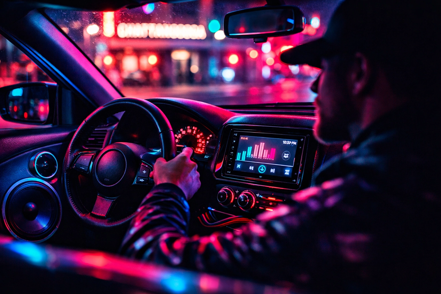 Premium car audio head unit with Apple CarPlay installed in a vehicle in downtown Chattanooga.