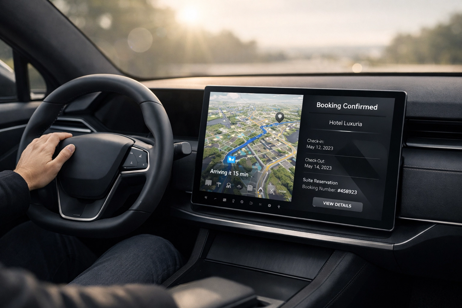 A modern car dashboard displaying an AI-powered hotel booking confirmation interface.
