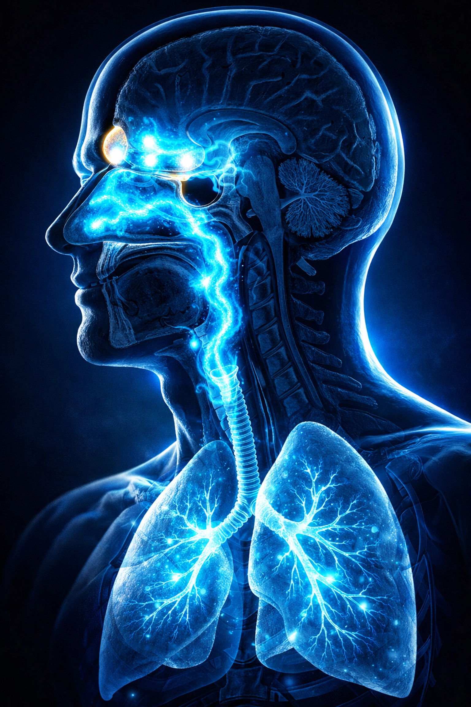 Anatomical illustration showing nitric oxide flow from nasal passages to lungs for improved oxygen uptake.