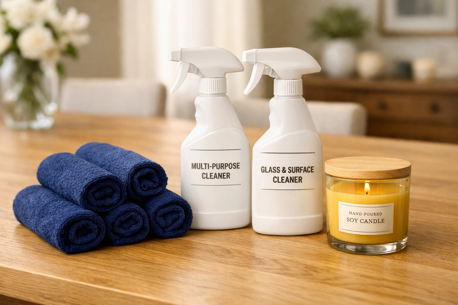 Neatly organized cleaning supplies highlighting expert professional house cleaning in Westminster, MA.