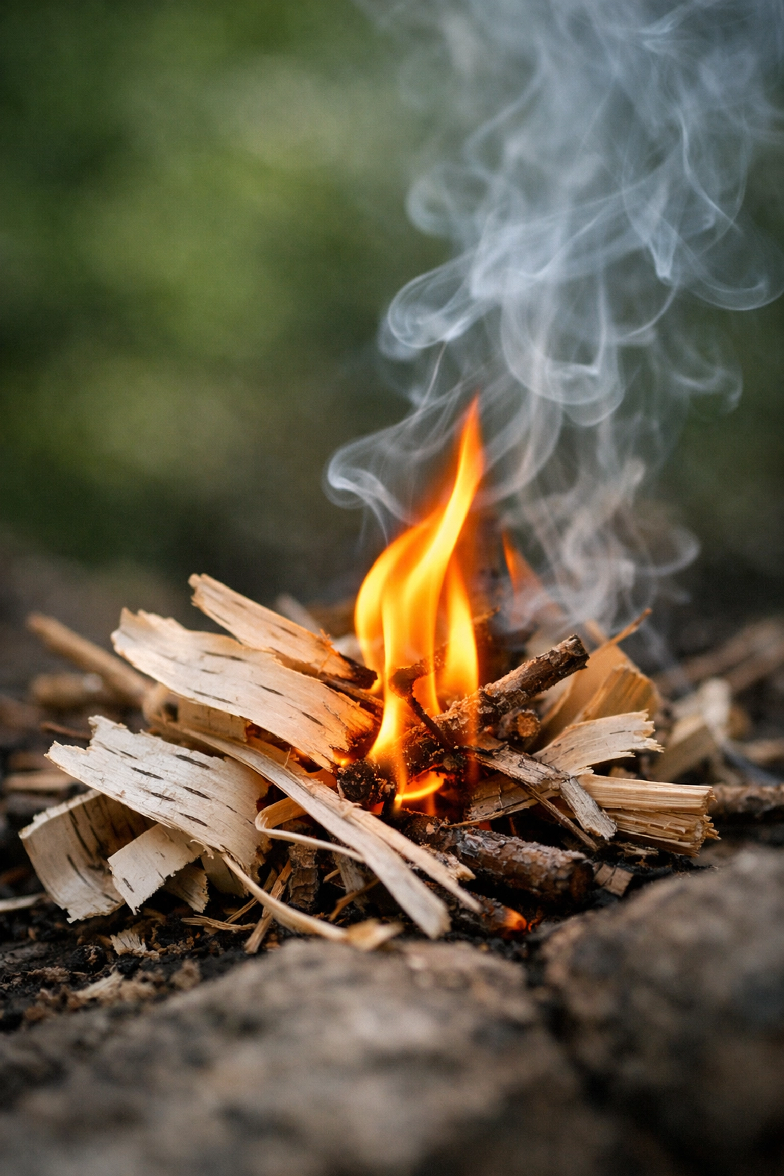 Close-up of a small flame igniting birch bark tinder and thin kindling during a wild camping trip.