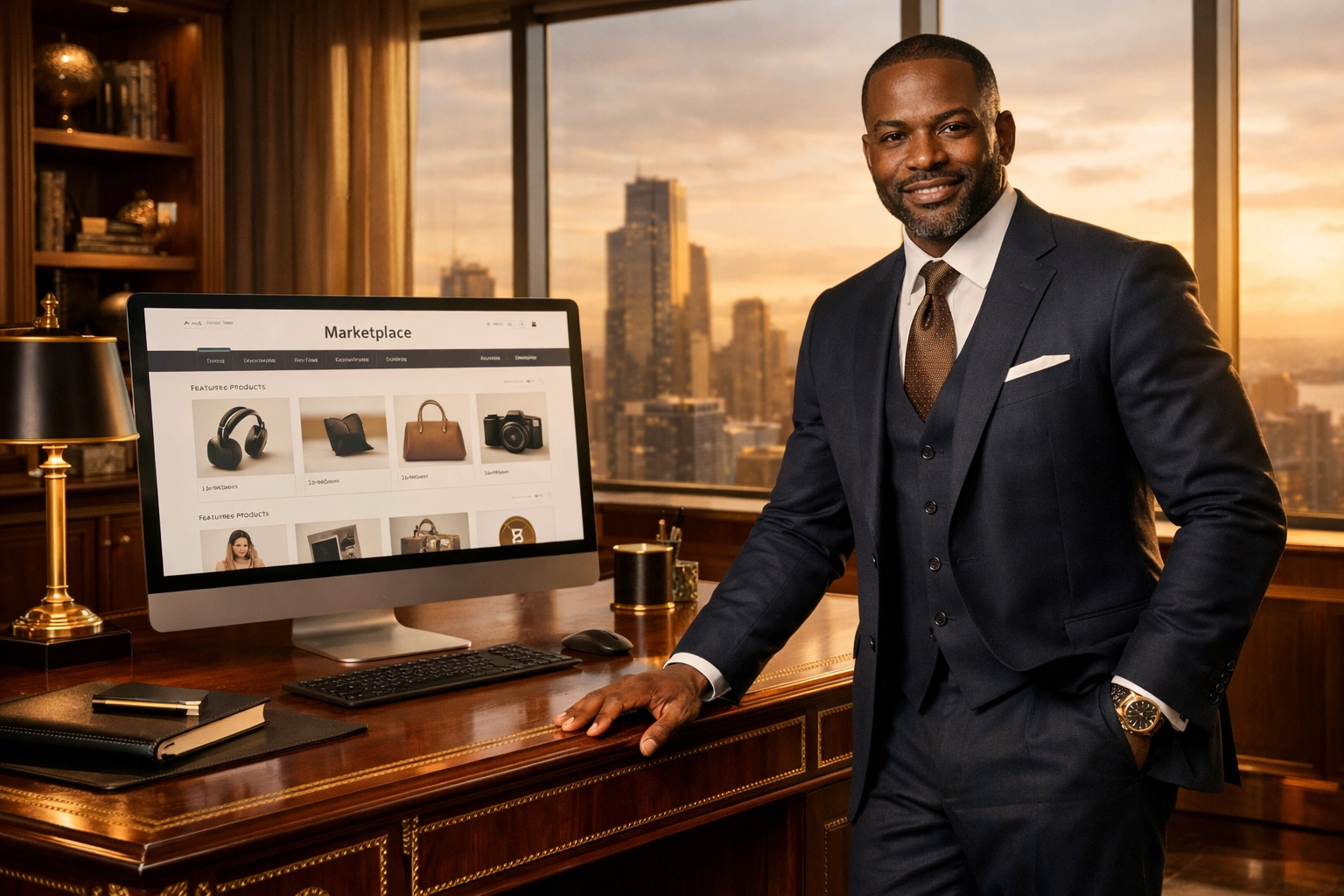 Black entrepreneur in a modern office using a digital marketplace to support the movement.