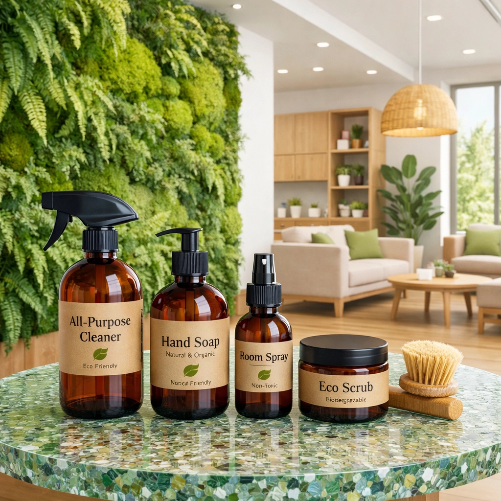 Sustainable commercial cleaning practices with eco-friendly supplies in a green office lounge.