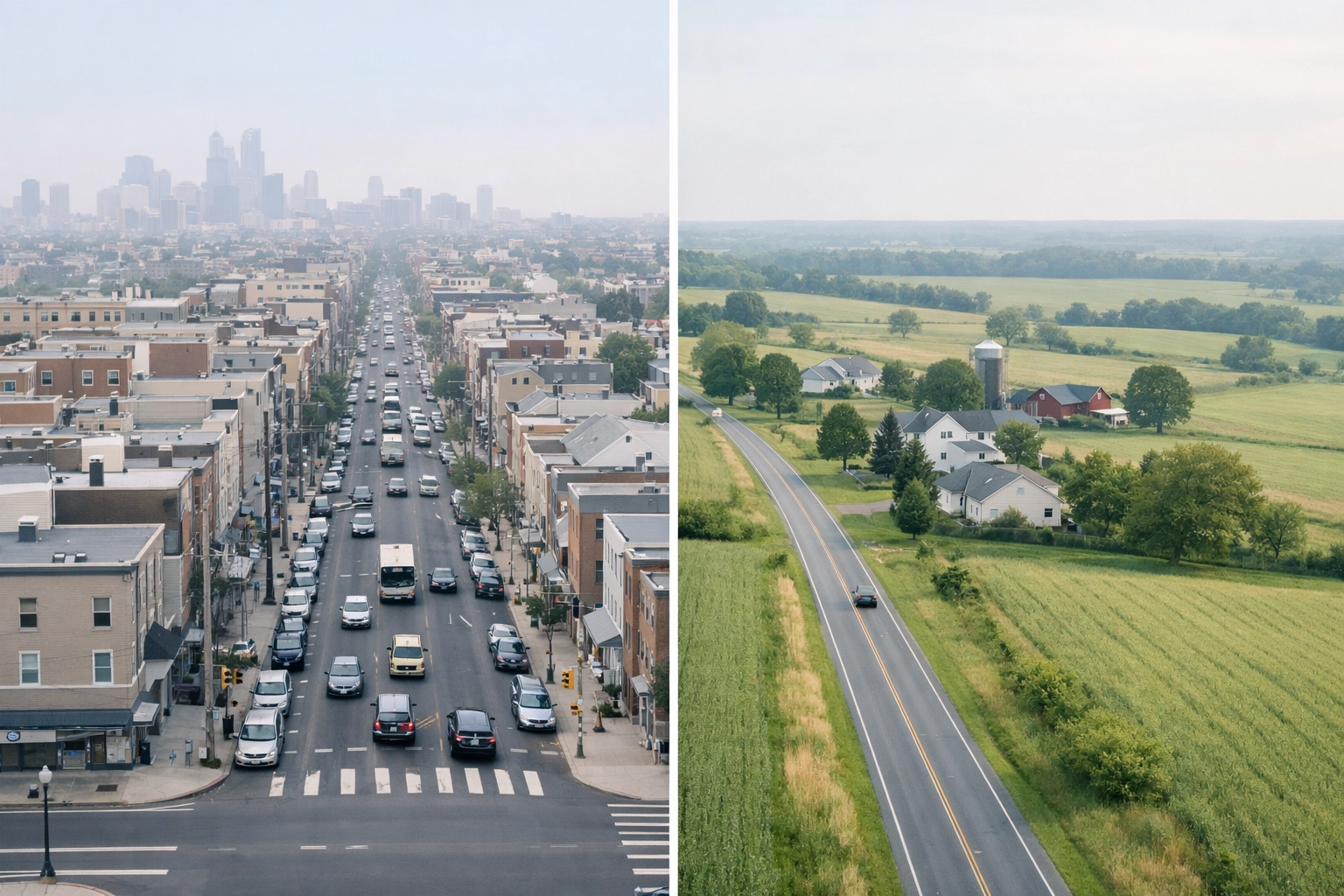 Aerial view comparing urban Philadelphia and rural Pennsylvania neighborhoods