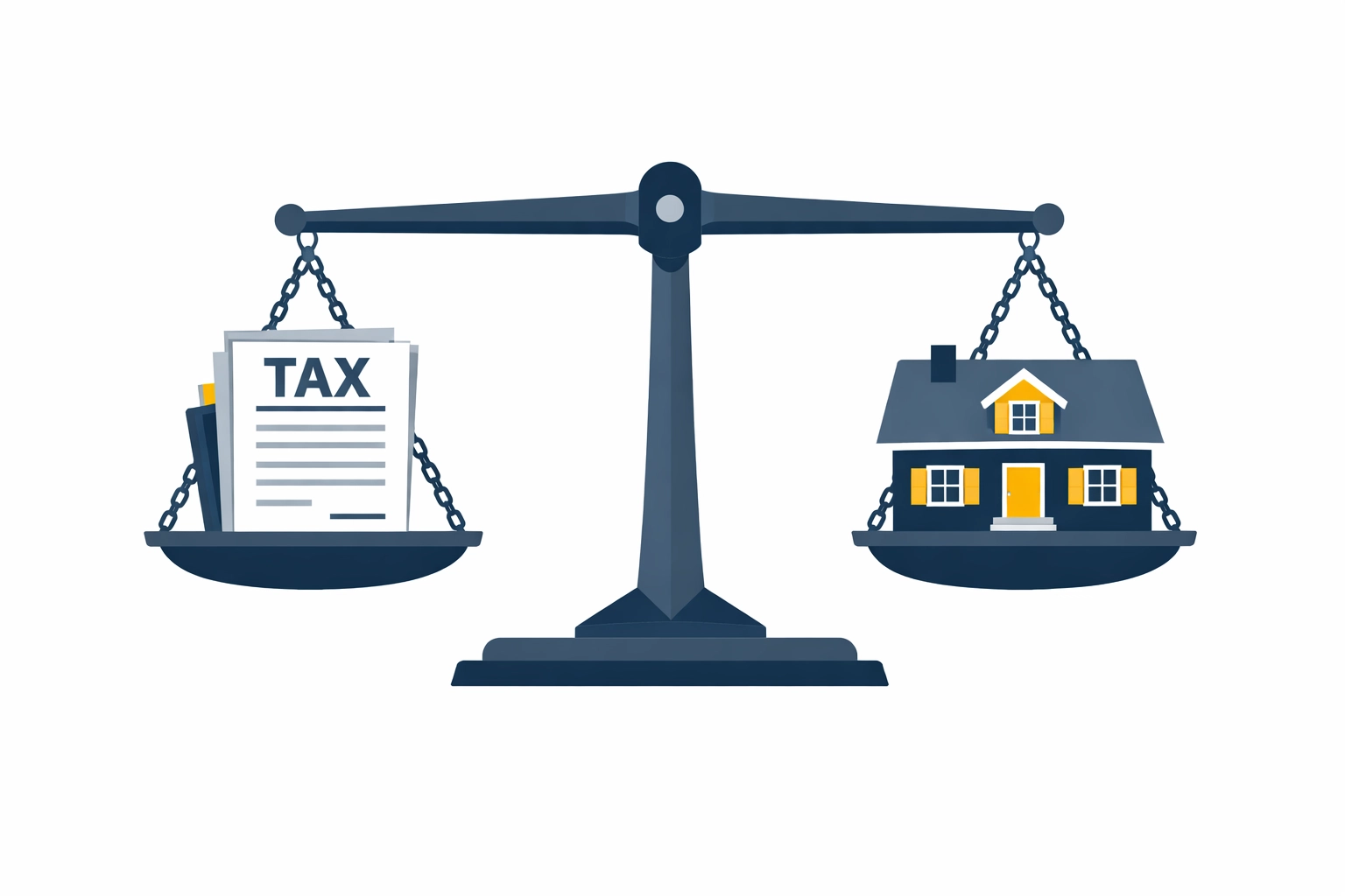 A balance scale weighing tax forms against a New Haven house to illustrate itemized tax deductions.