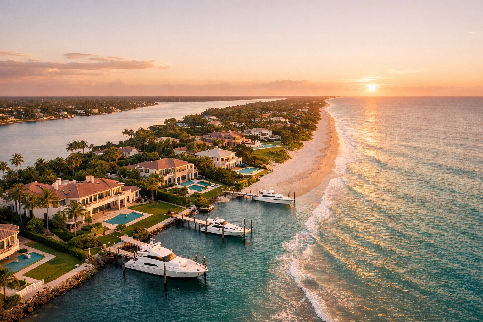 Aerial view of Jupiter Island luxury waterfront estates along the Treasure Coast Florida shoreline