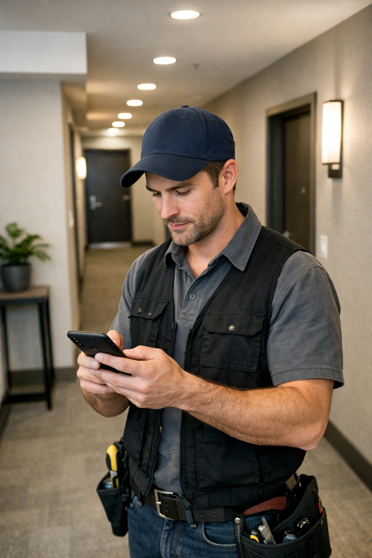 Property manager using tablet for maintenance response in modern apartment hallway