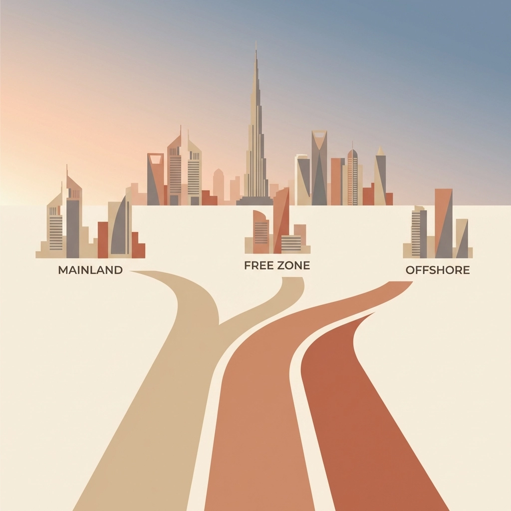Dubai business setup options showing skyline and pathways for mainland, free zone, and offshore companies