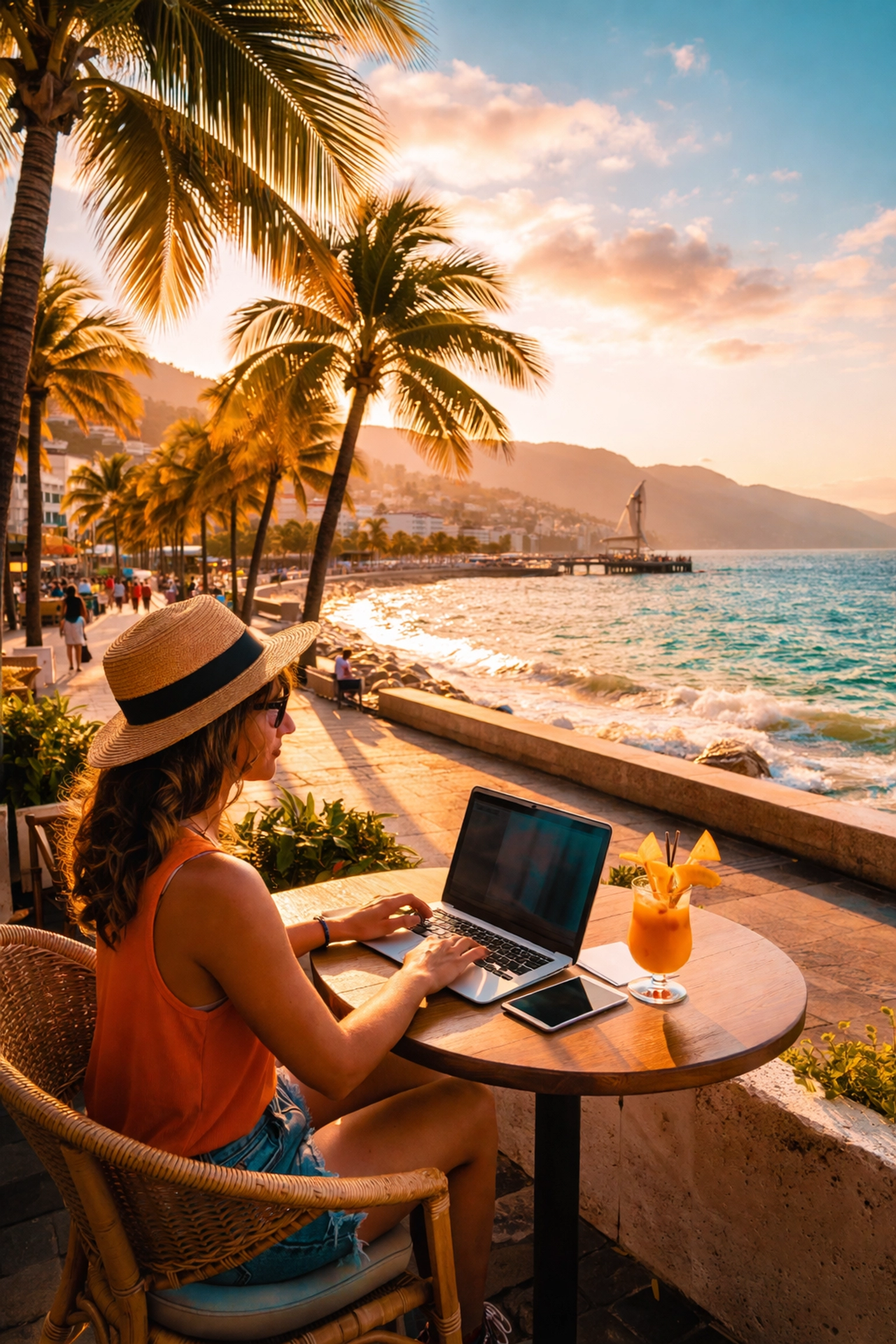 Digital nomad working at oceanfront café on Puerto Vallarta's Malecón boardwalk at sunset