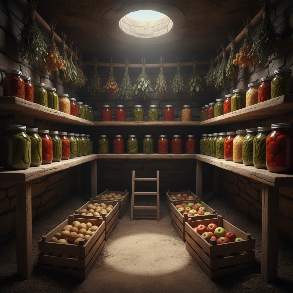 Dimly lit cellar with shelves of colorful canned goods and crates of apples and potatoes, ladder in center. Earthy, organized atmosphere.