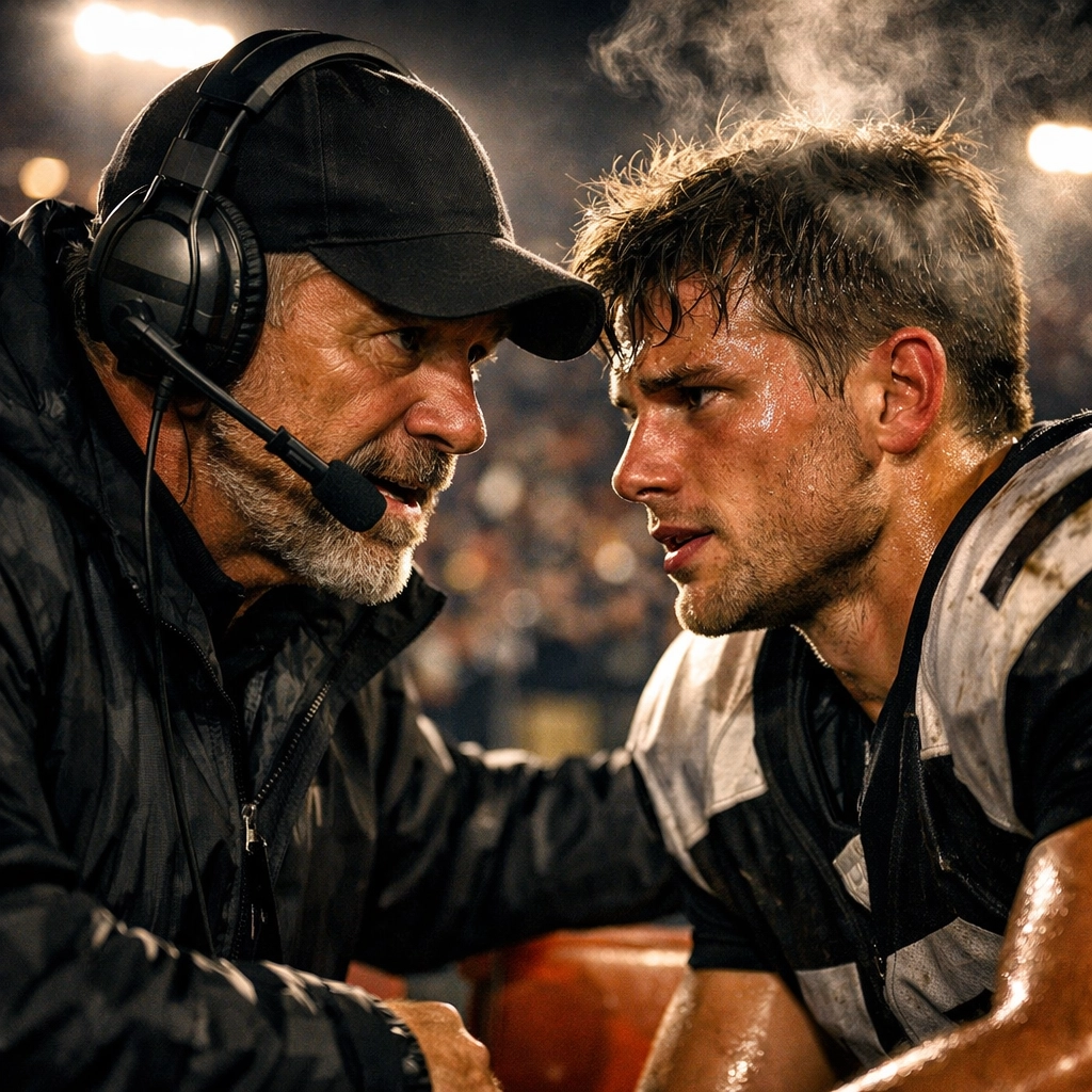 A sports coach offering mental resilience support to a football player during a high-pressure competition