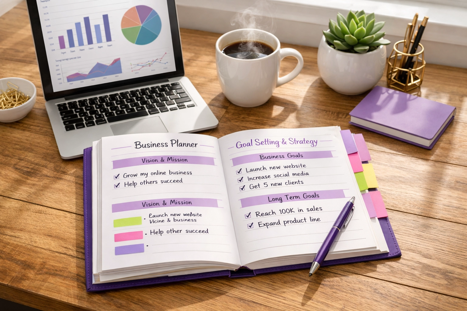 Organized workspace with open business planning workbook, laptop, and coffee for Planning with Purpose masterclass