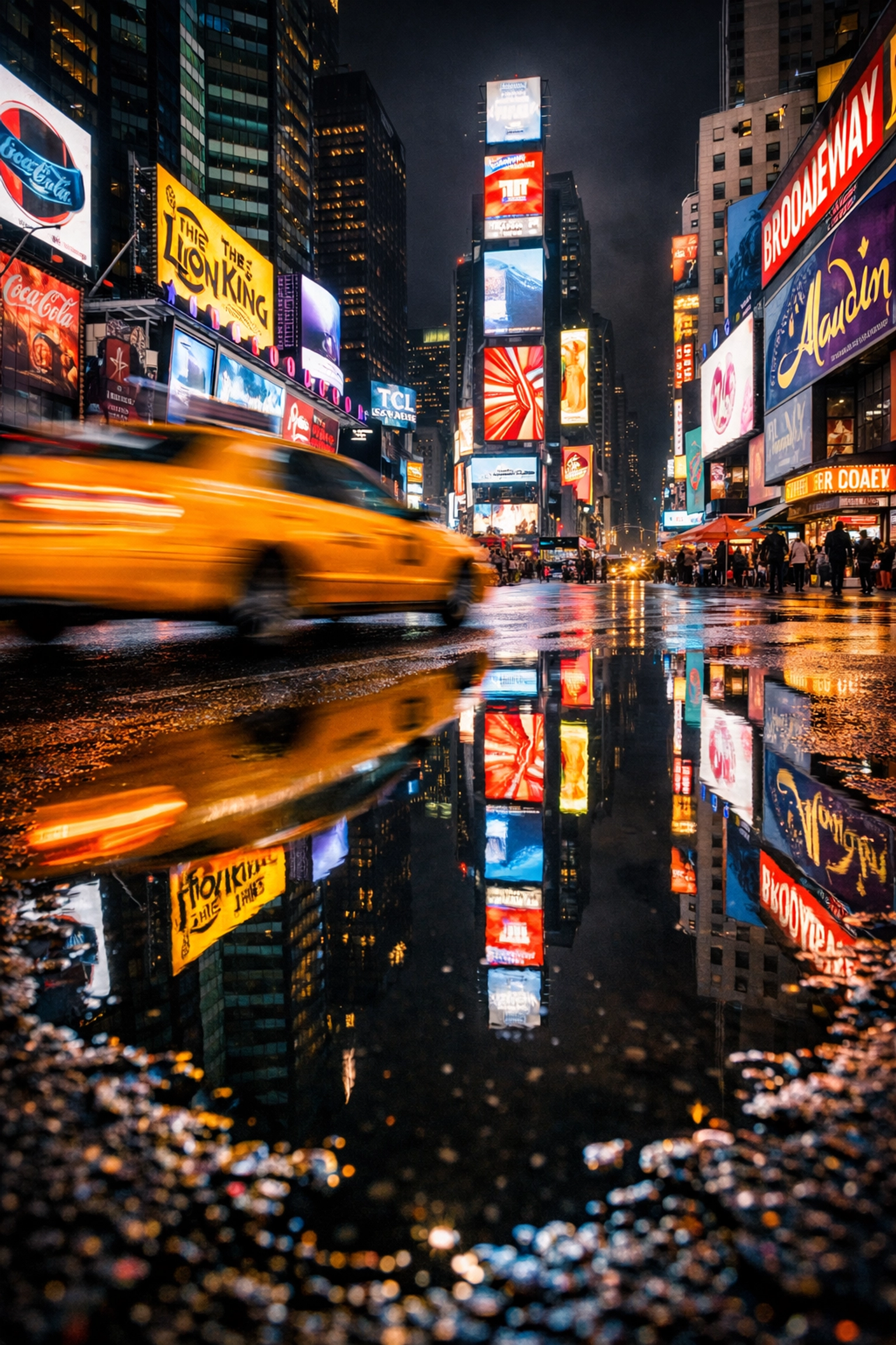 Night photography in Times Square showing neon light reflections in a street puddle after a rainstorm.
