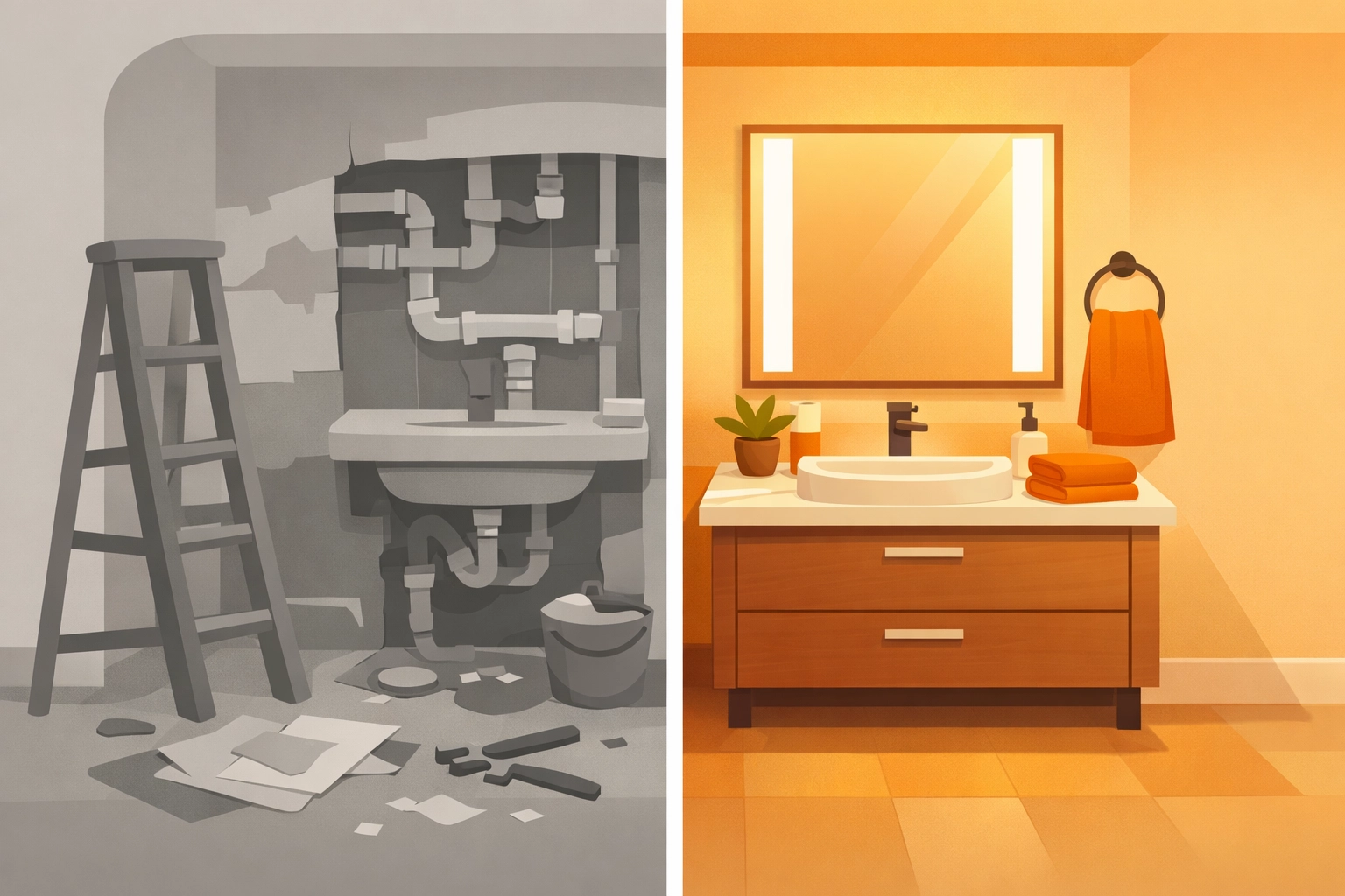 Before and after bathroom renovation shots captured with a contractor photo app for professional documentation.