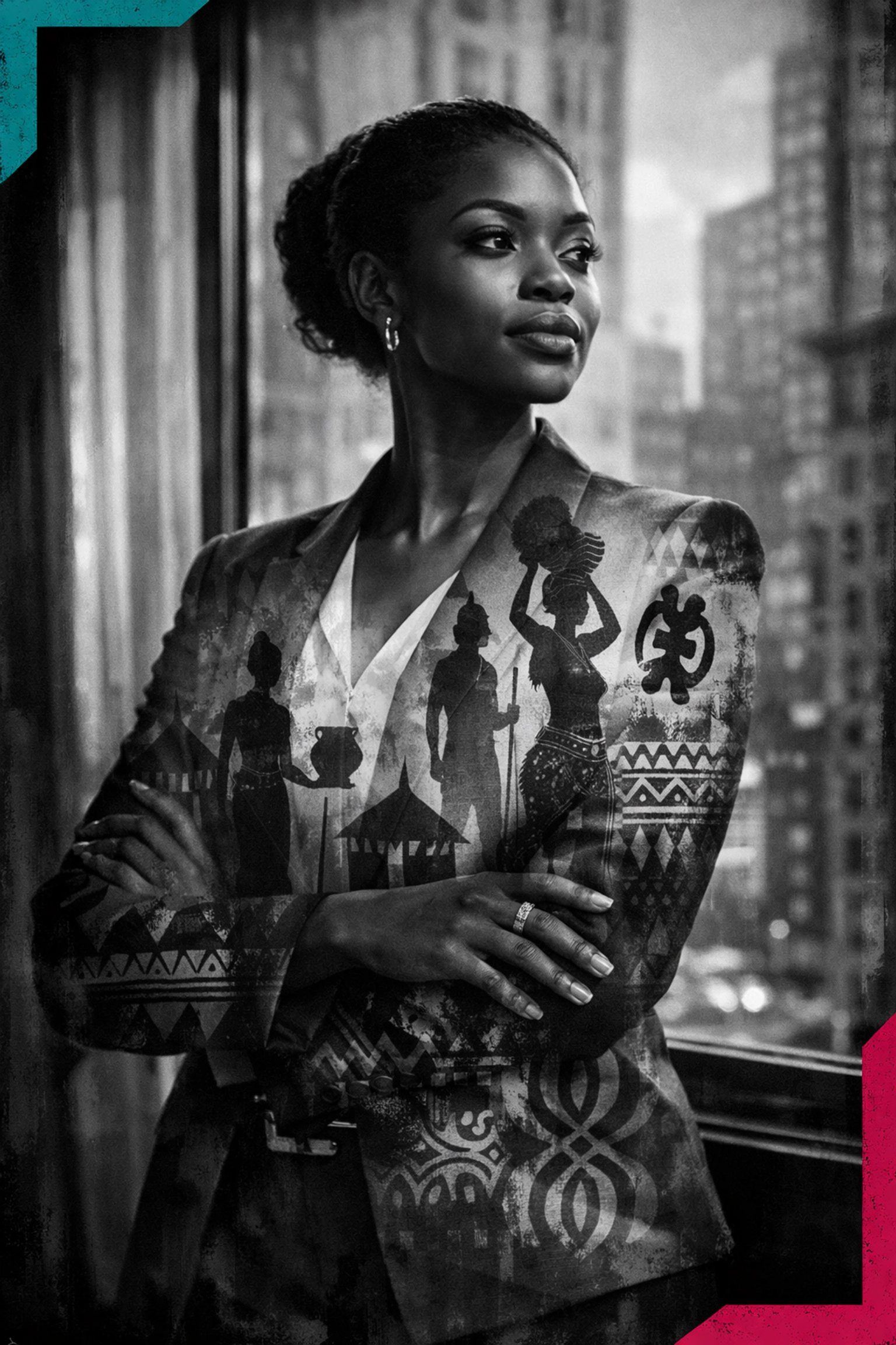 Black professional woman embracing ancestral heritage in urban setting