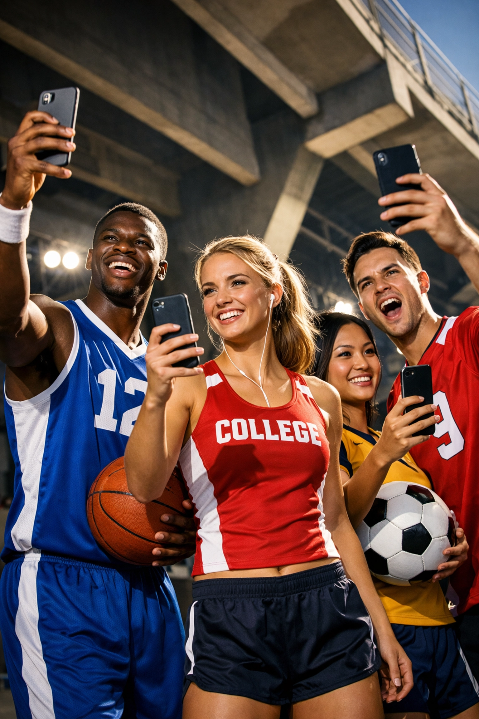 College athletes from multiple sports creating NIL content on smartphones for brand partnerships