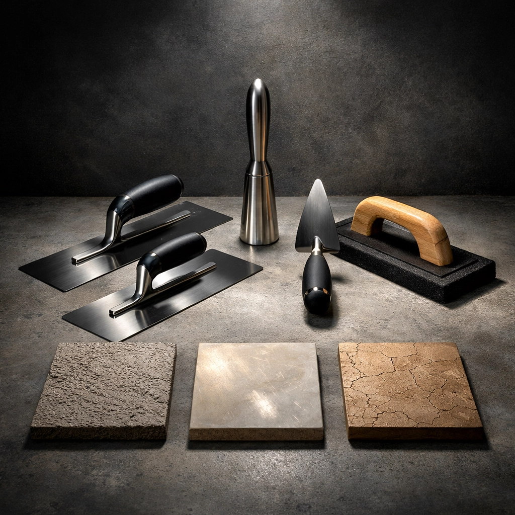Professional finishing tools including trowels and burnisher displayed with wall texture samples