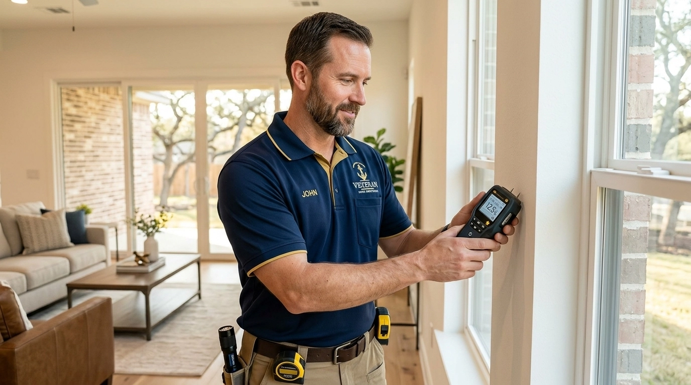 A professional home inspector in a clean uniform using a high-tech moisture meter on a white interior wall in a San Antonio home.