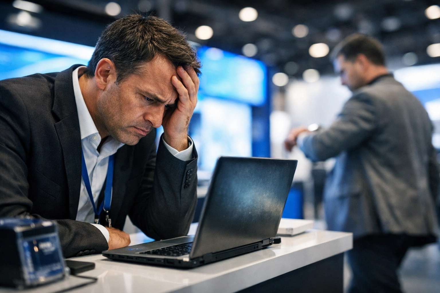 Frustrated exhibitor at trade show booth with failed WiFi connection as potential client walks away