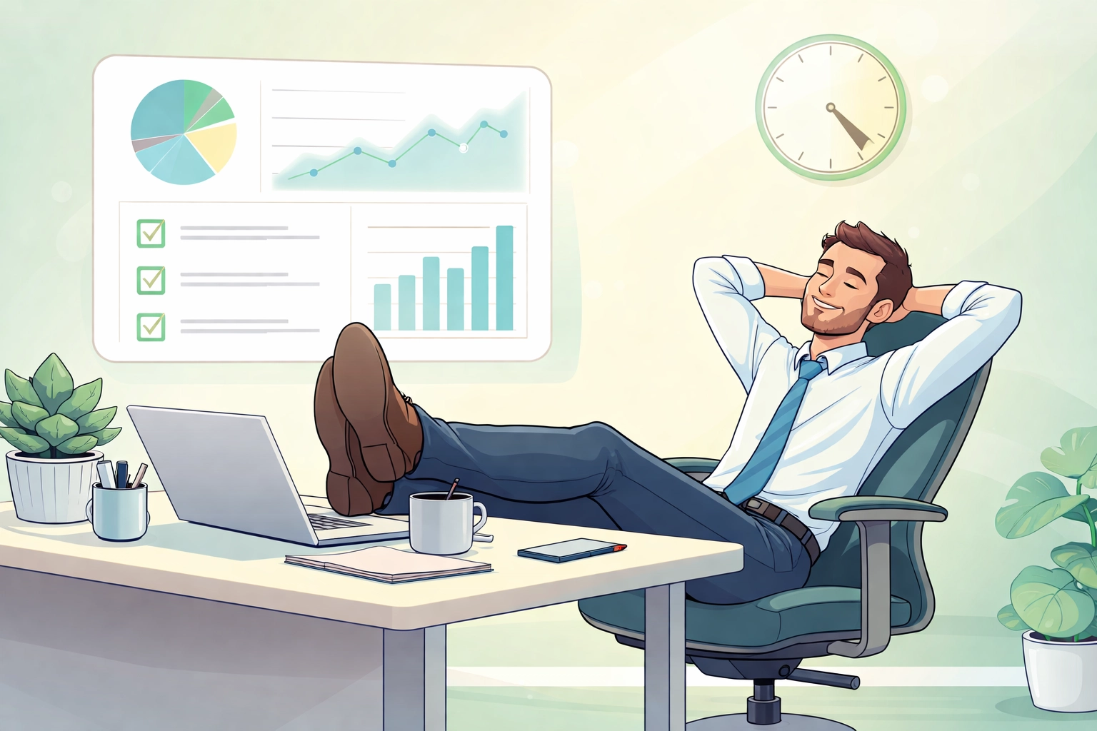 Relaxed SMB owner viewing a unified management dashboard after saving time on routine tasks