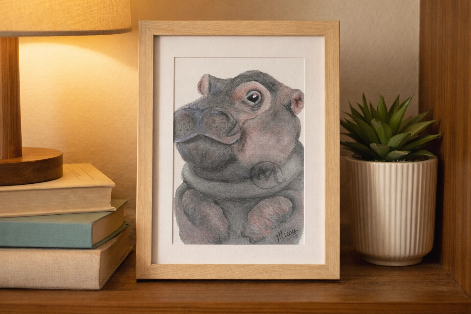Lifestyle mockup of Missy’s signed baby hippo watercolor print framed on a bookshelf