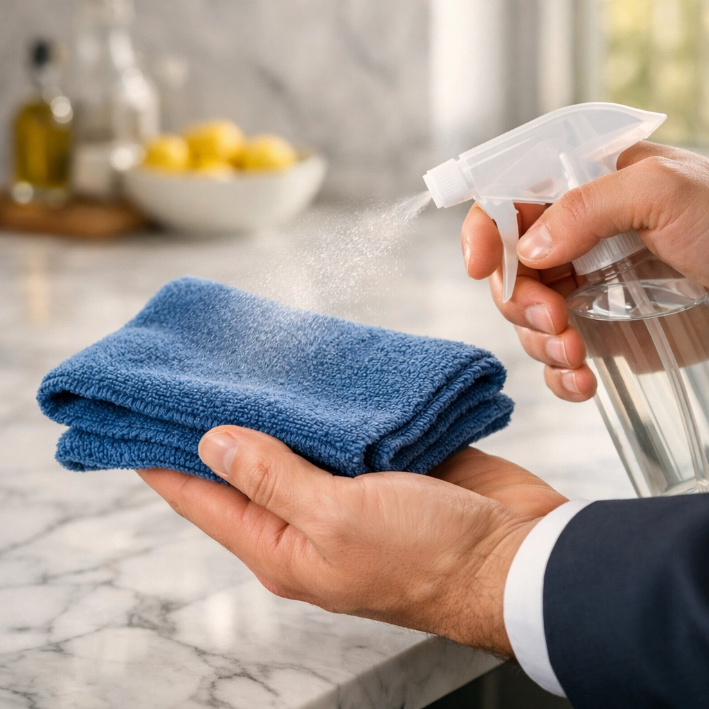 Hand misting a microfiber cloth for professional apartment cleaning in a Maynard kitchen.