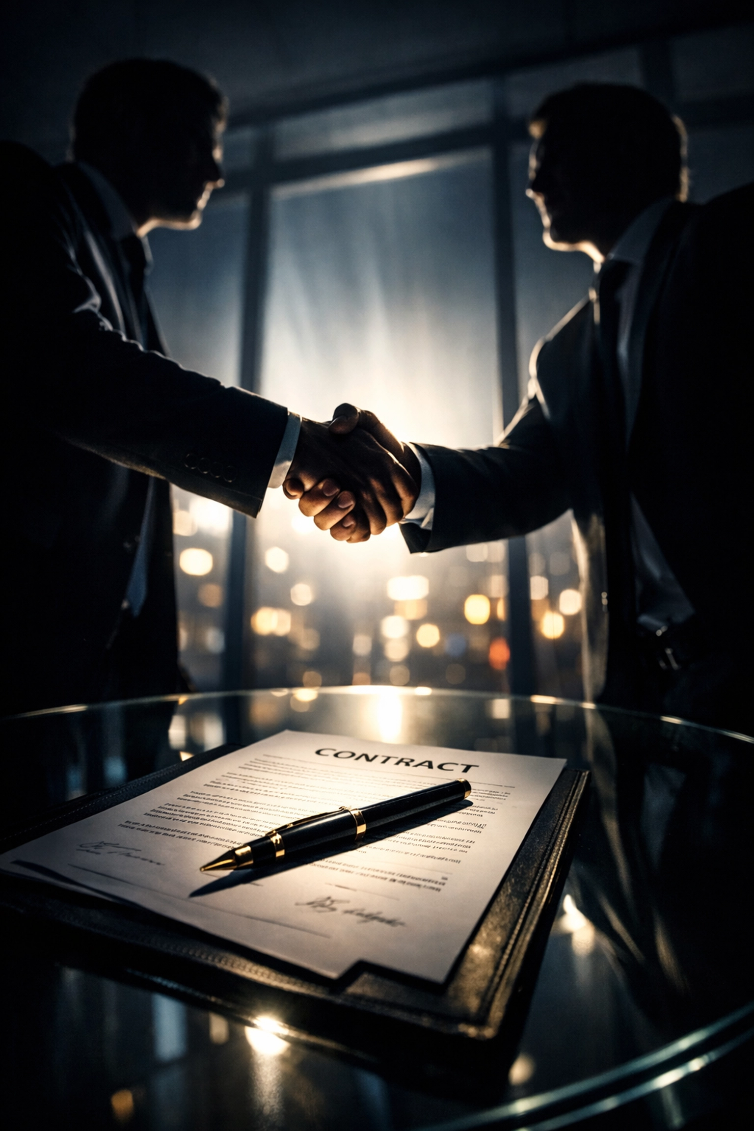 Business professionals shaking hands over investment contract and partnership agreement