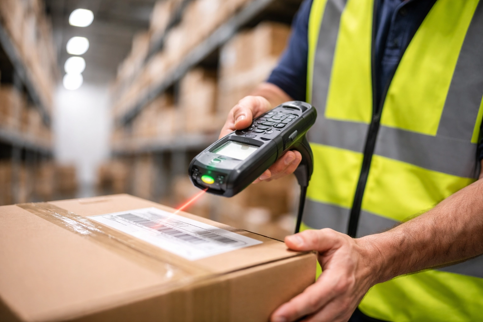 Warehouse worker scans packages among organized inventory, demonstrating supply chain technology and efficiency