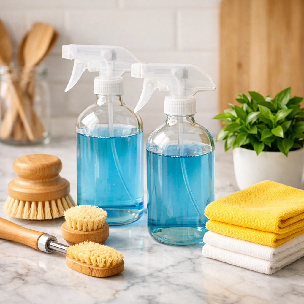 Eco-friendly supplies for house cleaning services MA on a clean marble countertop.
