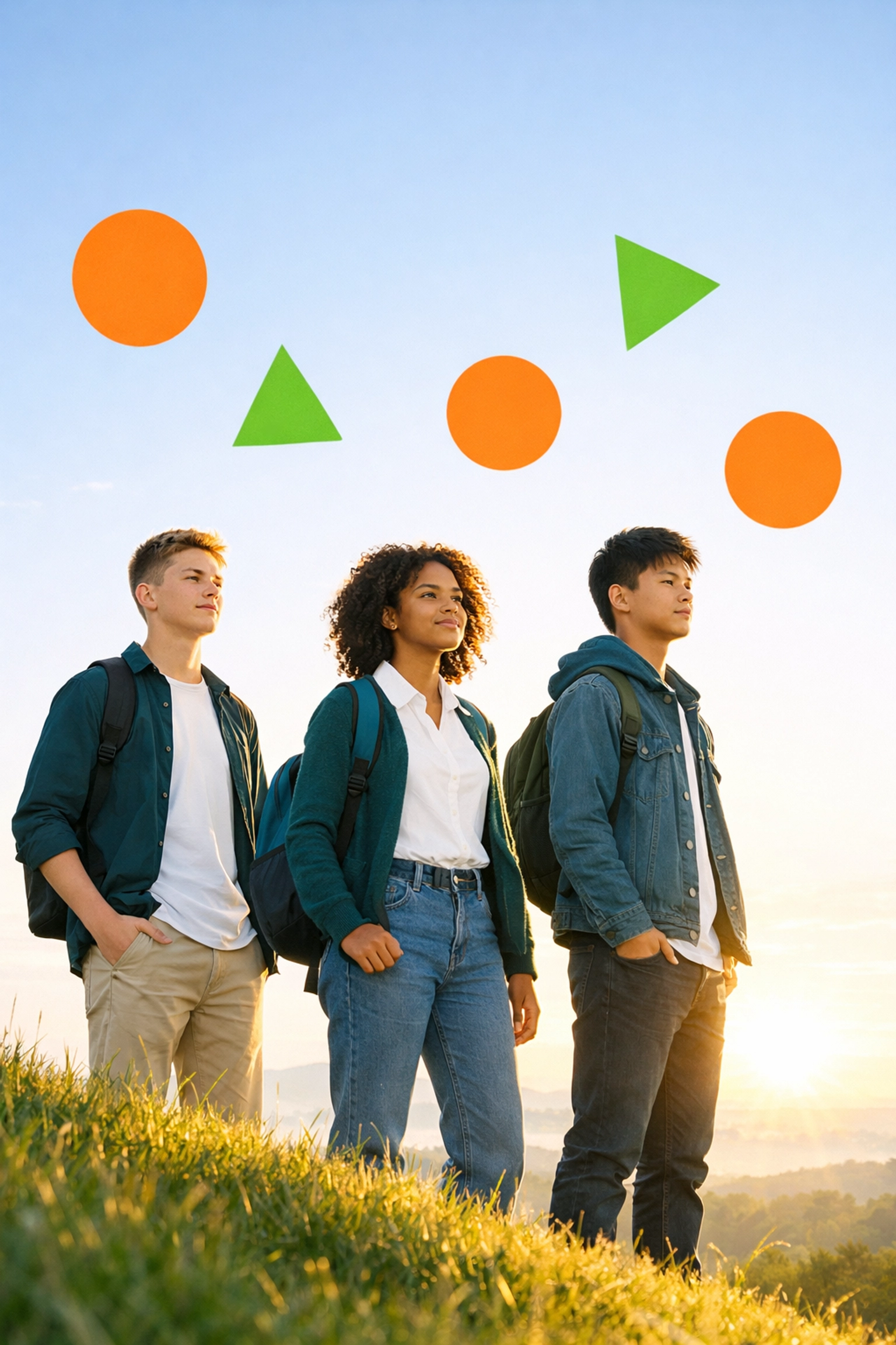 Three confident teenagers standing on a hilltop at sunrise, representing purposeful leadership and future potential.