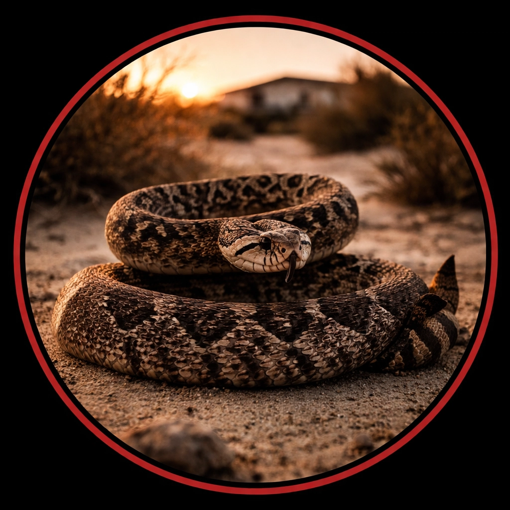 Western Diamondback rattlesnake in Arizona desert near a Coolidge home, illustrating local snake threats and prevention.
