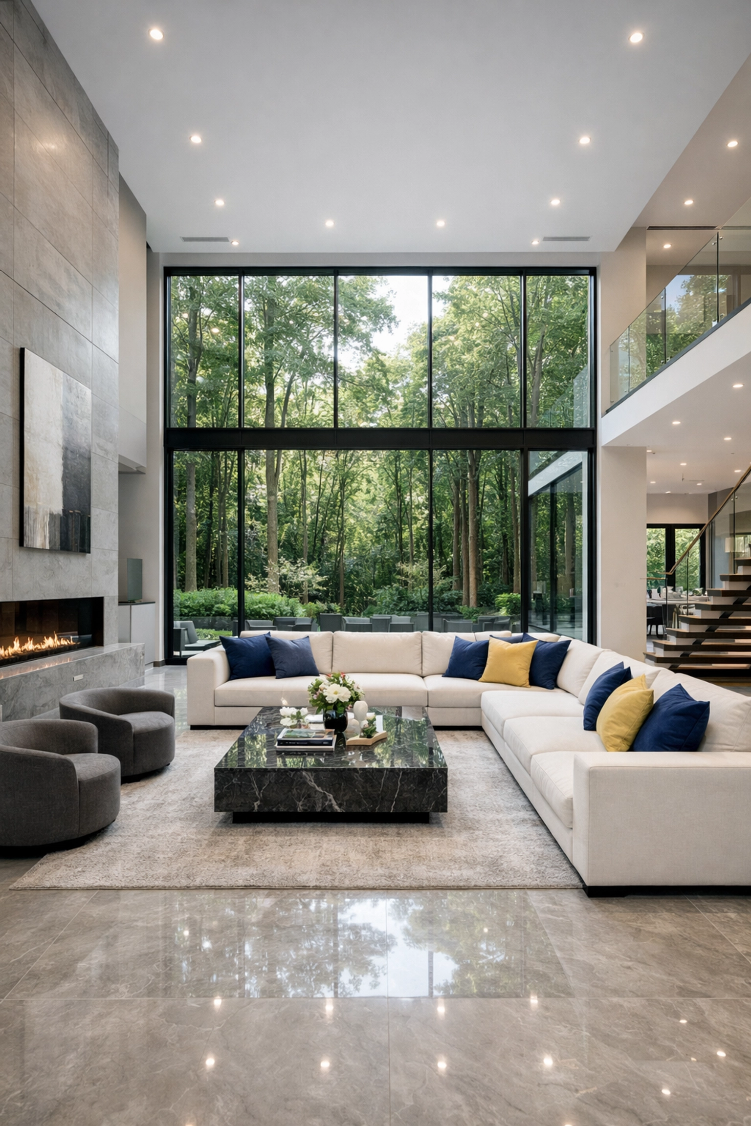 Elite Dover residential cleaning for modern mansions with polished marble floors and floor-to-ceiling glass.