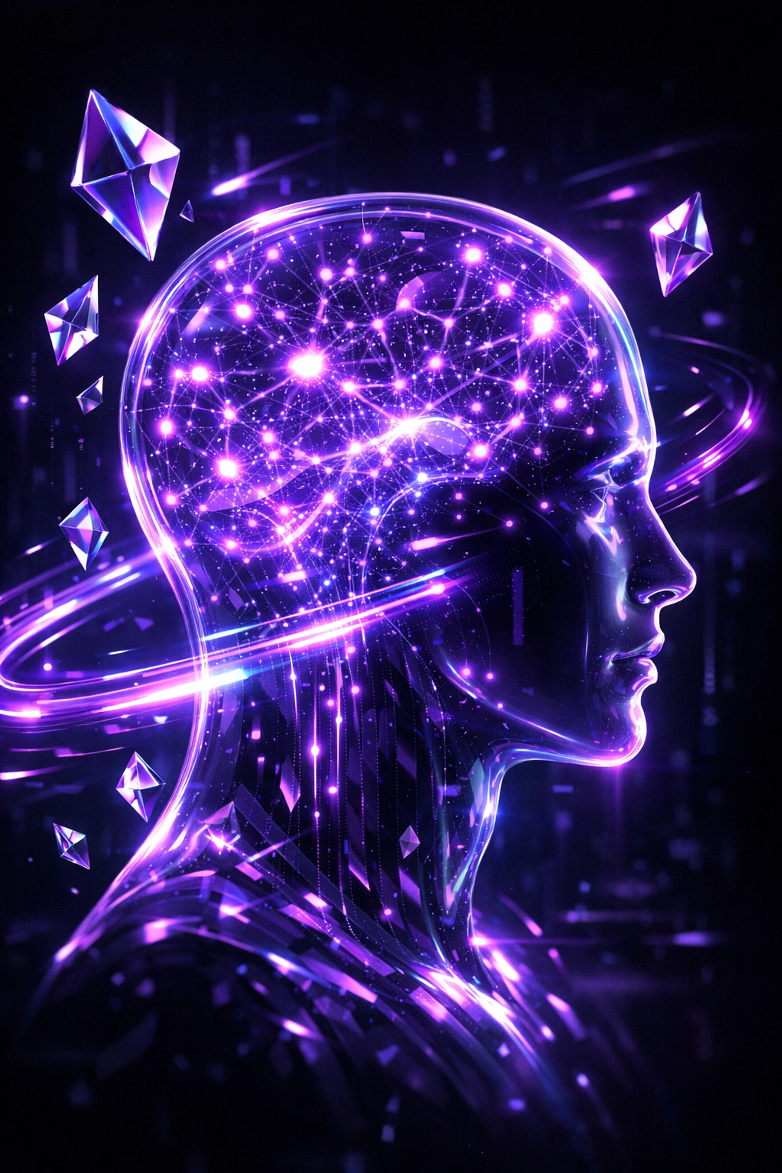 Holographic human profile with neural networks illustrating data-backed candidate readiness scores.