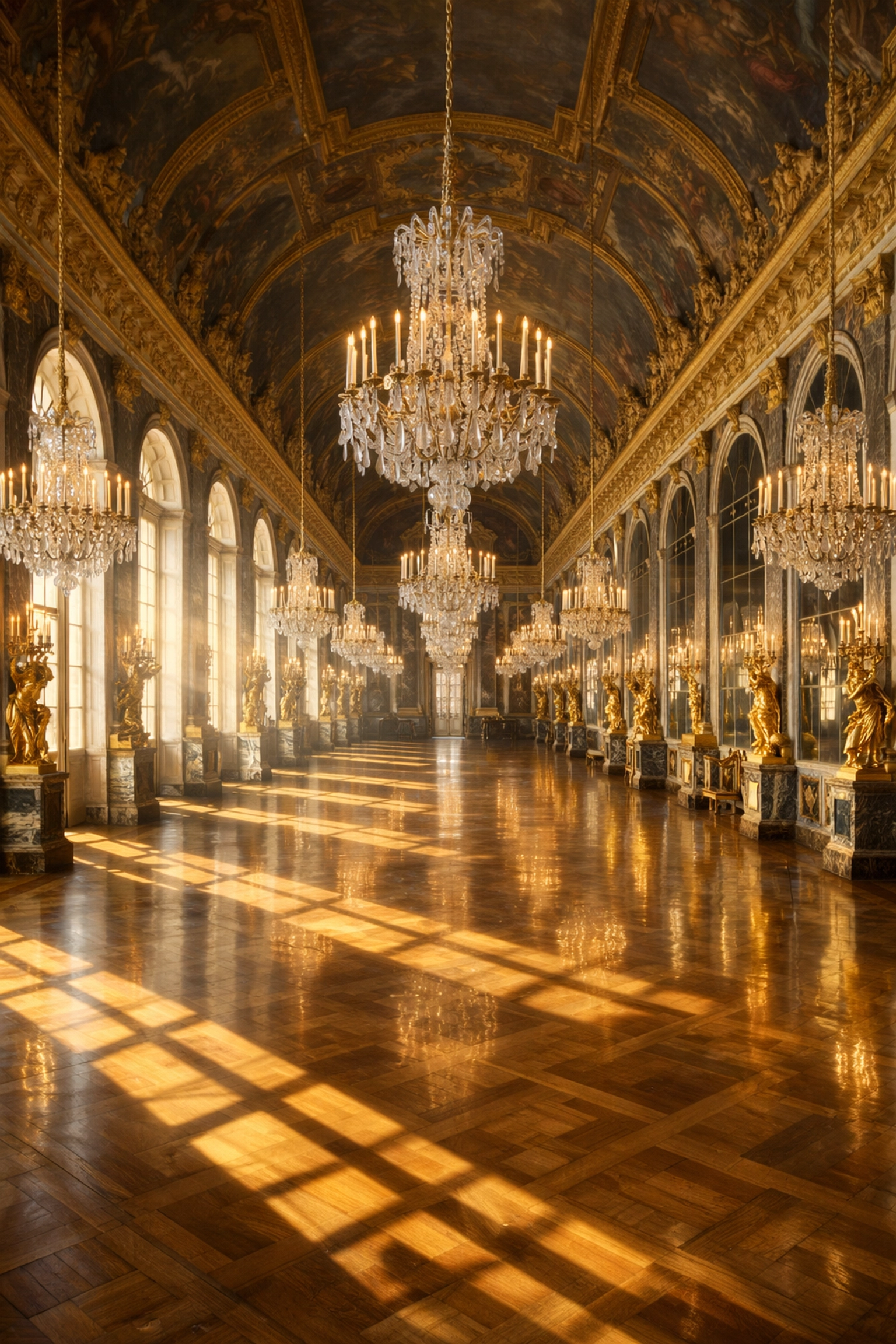 Empty Hall of Mirrors at Versailles with morning sun, one of the best photography locations for clean shots.