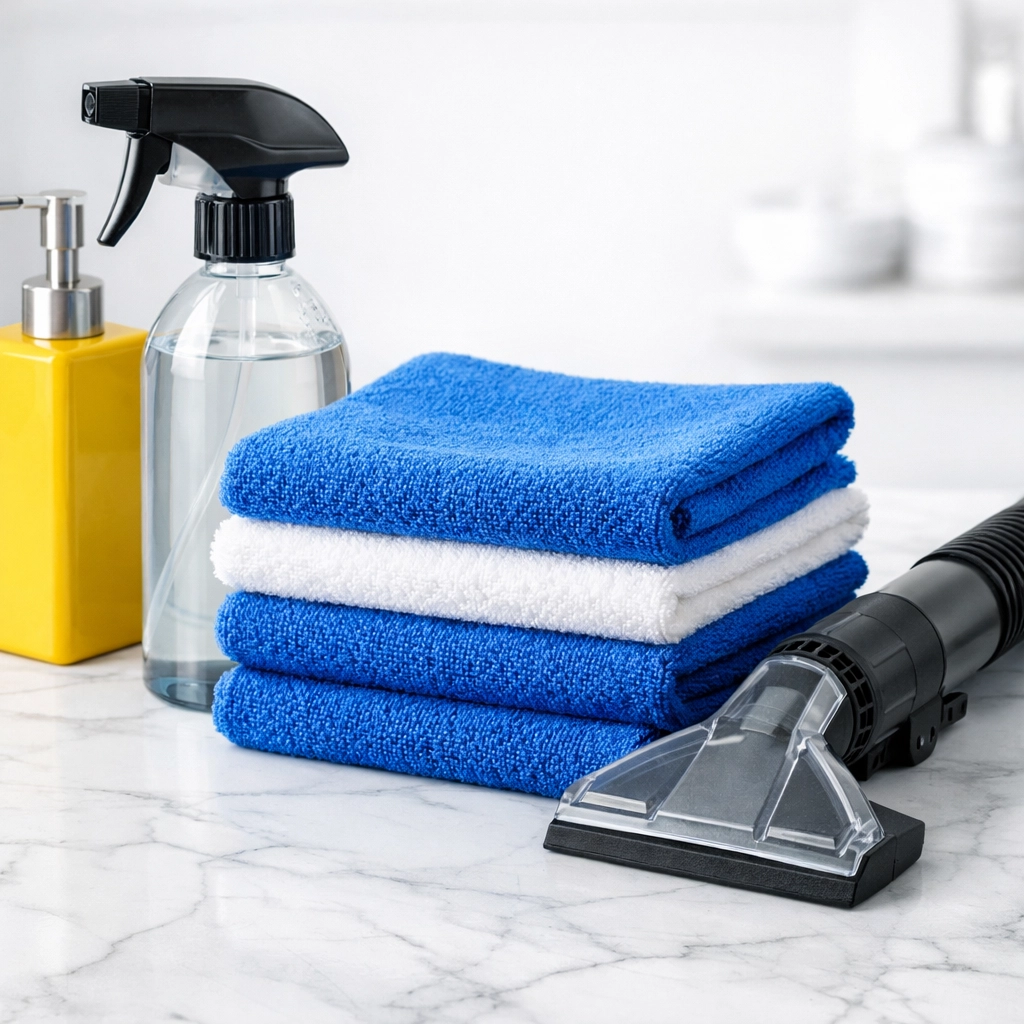 Clean microfiber cloths and professional supplies used for high-quality house cleaning in Westford homes.