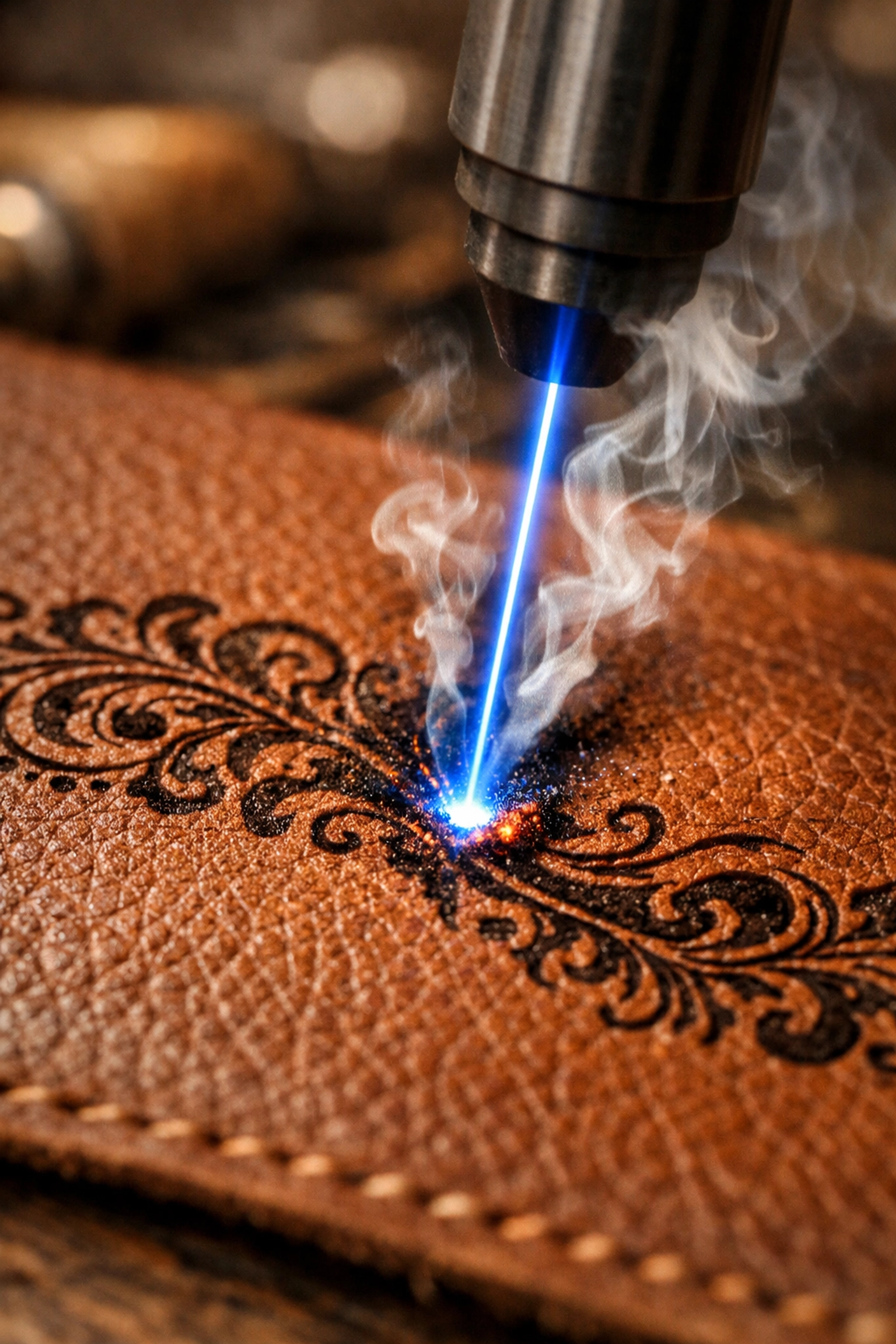 Blue diode laser beam engraving a detailed rustic design onto natural cognac leather in a workshop.